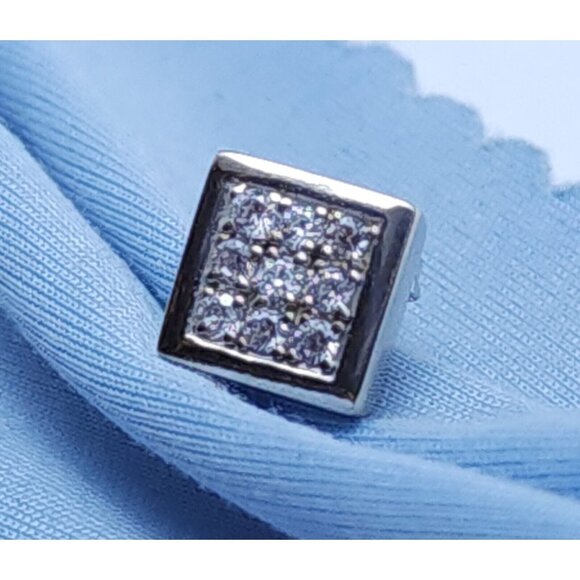 Unique Single 14K Solid White Gold Square Shaped Cubic Zirconia Stud Earring
